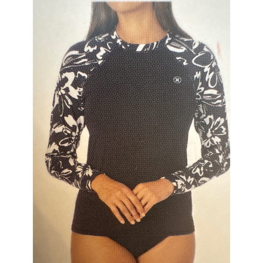 Hurley Womens Long Sleeve Rash Guard Ink Fresco Floral Black White XL HSR1015